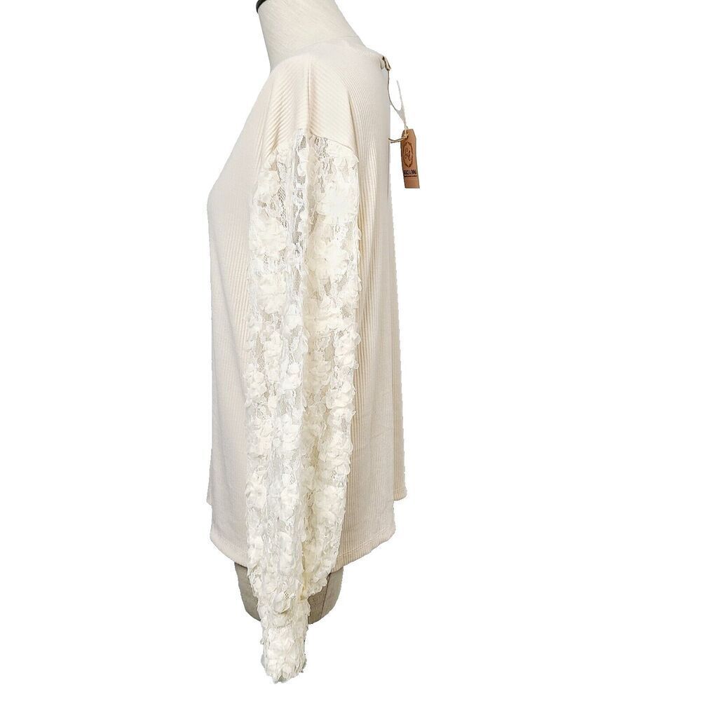 NEW Grace & Emma Top M Cream Ribbed Knit Lace Sleeve Pullover Relaxed Fit Blouse - Picture 6 of 12